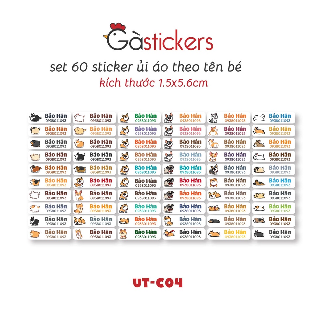 Sticker ủi áo in tên trẻ em GaStickers UT-C04 bộ 60 miếng kích thước 1,5 x 5,6 cm