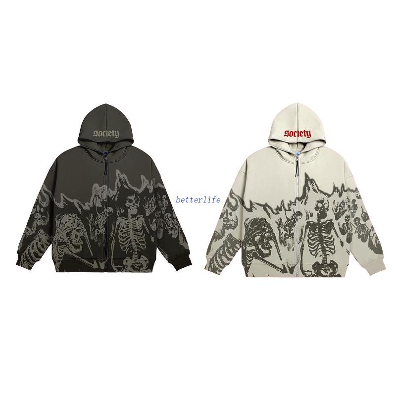 Btf Áo Khoác Hoodie Dáng Rộng Cỡ Lớn In Hình Bộ Xương Phối Khóa Kéo Phong Cách Punk Gothic Hip Hop Đường Phố Cho Nam Và Nữ