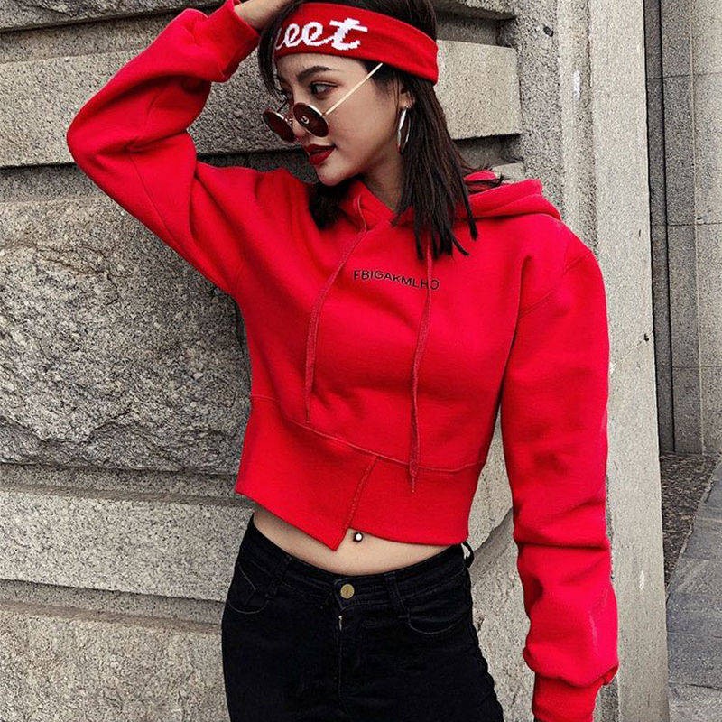 Áo Hoodie Vải Cotton Mỏng Dáng Rộng Lưng Cao Kiểu Lệch Thời Trang Thu Đông 2020 Mới Cho Nữ