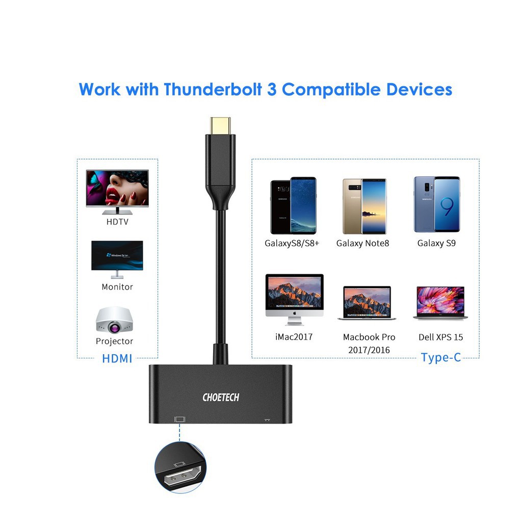 Hub Adapter Chuyển Đổi 2 Cổng USB Type C To HDMI 4K 60Hz Và PD 60W CHOETECH HUB-M03 - Hàng Chính Hãng