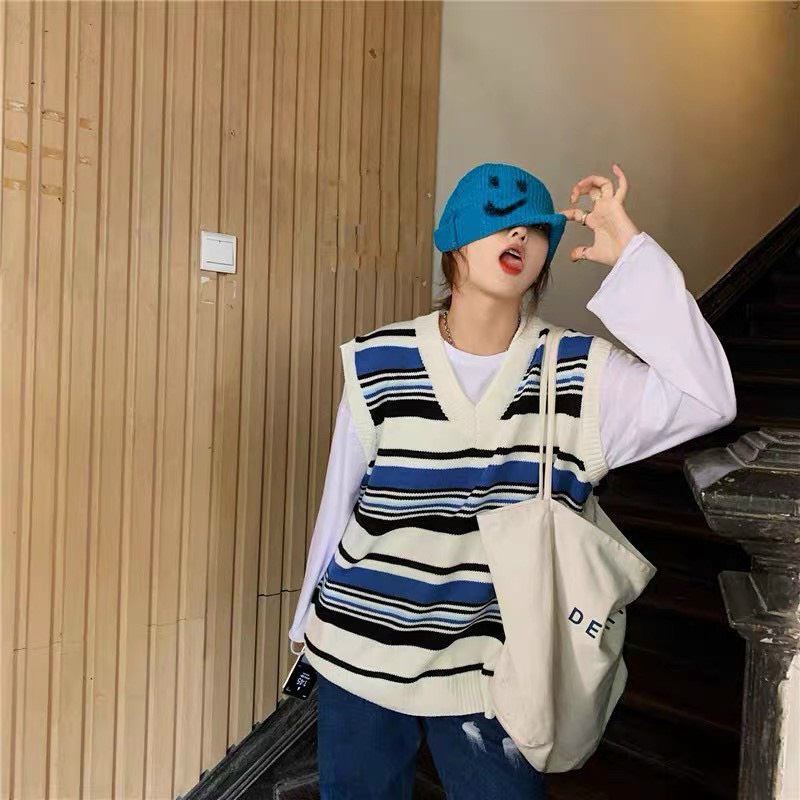 [ẢNH THẬT]  Áo Gile Len Hàn Quốc Unisex Họa Tiết Kẻ Sọc Ngang  Phong Cách Vintage Nam Nữ Năng Động Form To