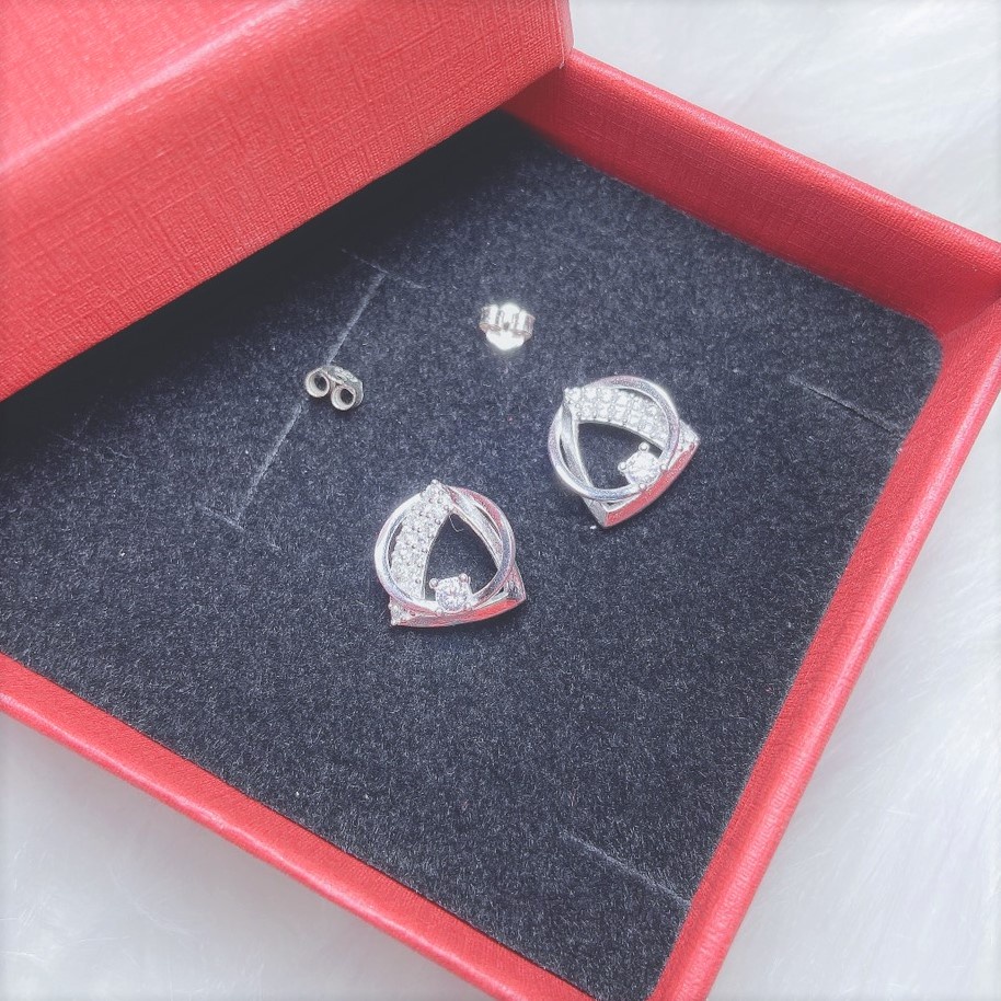 Bông tai bạc hình tròn lồng tam giác. khuyên tai chất liệu bạc ta cao cấp - Trang sức bạc Evasilver