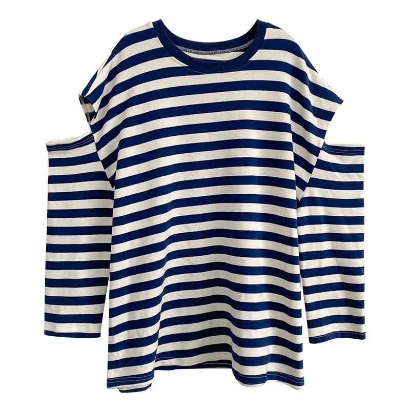 Jiashucheng Áo Thun Nữ Dài Tay Hở Vai Họa Tiết Sọc Ngang Phong Cách Mới