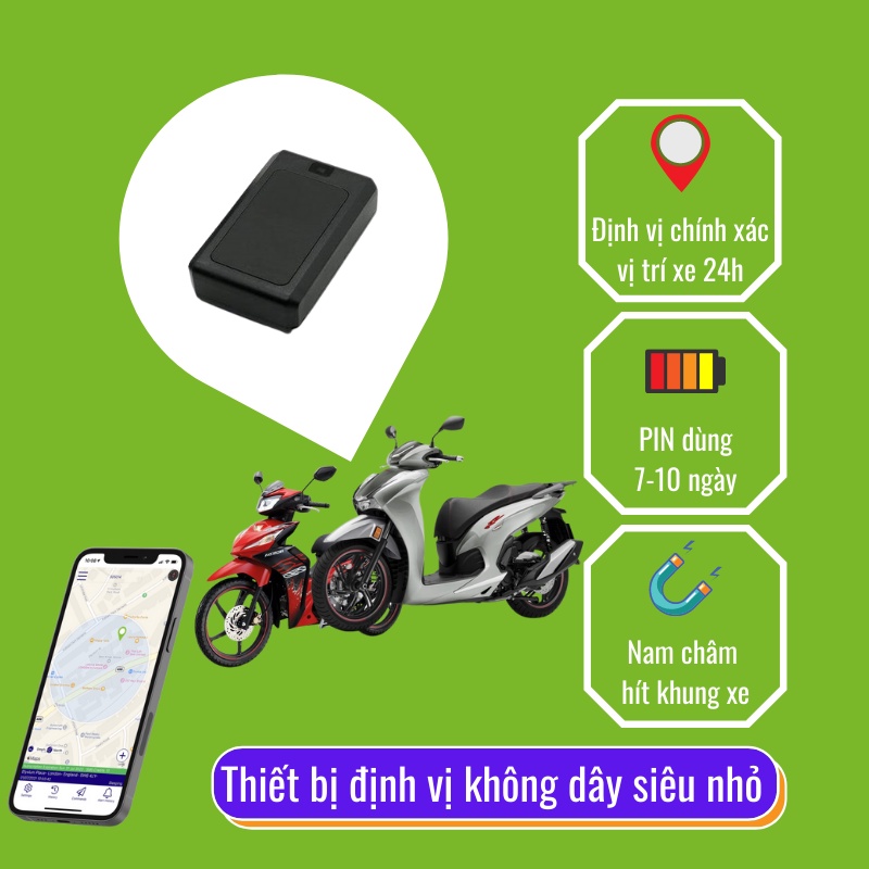 Thiết bị định vị không dây siêu nhỏ chip 2G giám sát ô tô xe máy báo rõ vị trí PIN 10 ngày chống nước và bụi tặng SIM