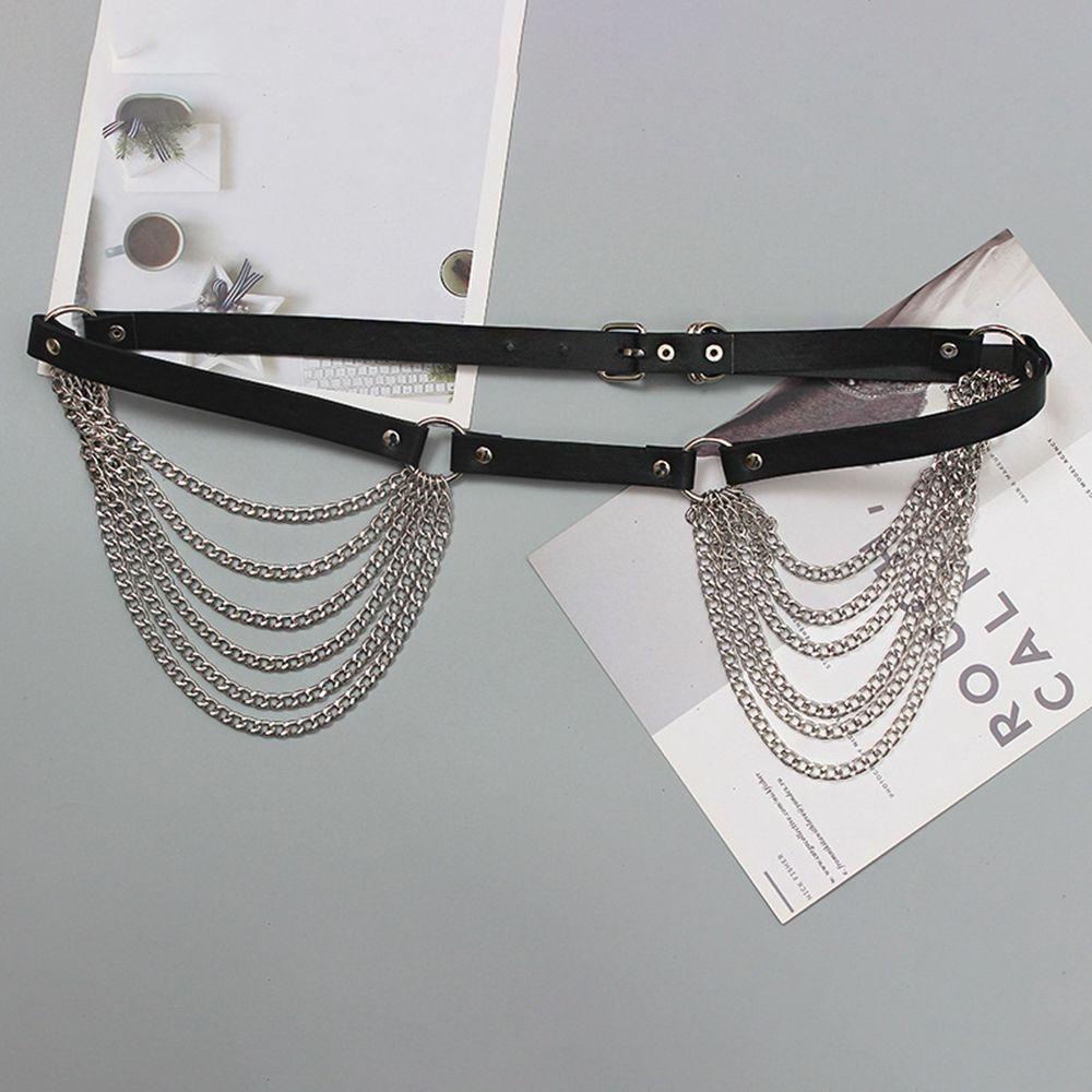 Thắt Lưng Da PU Màu Đen Phối Dây Xích Điều Chỉnh Được Thời Trang Cho Nữ