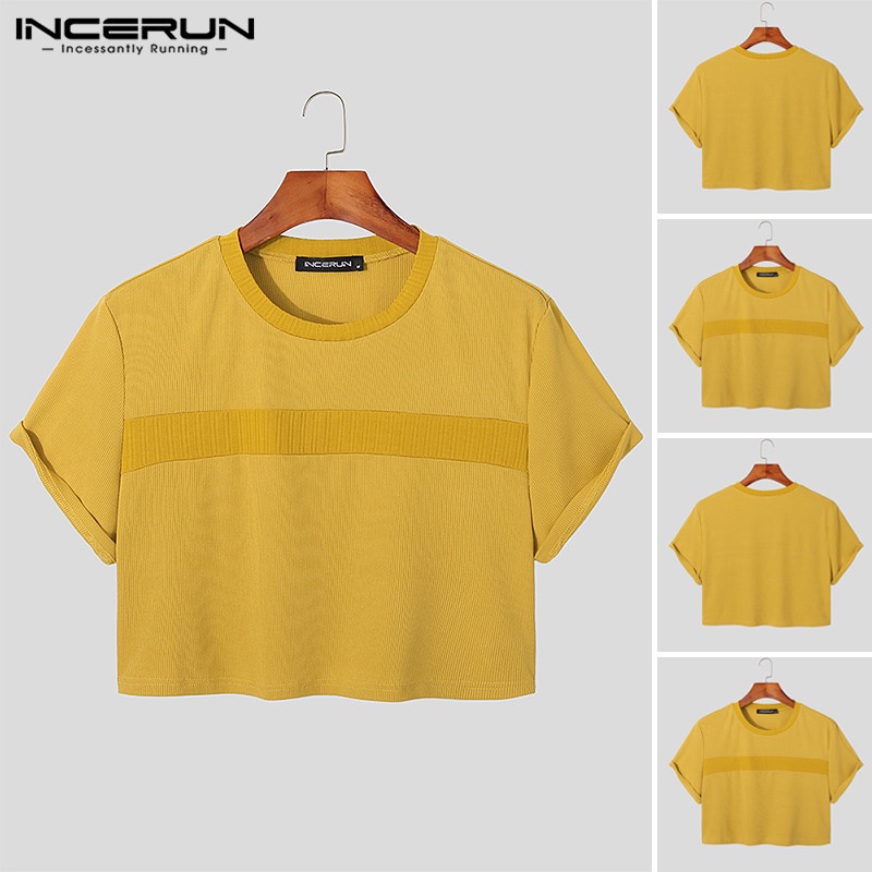 Áo thun Incerun dệt kim tay ngắn màu trơn cá tính cho nam