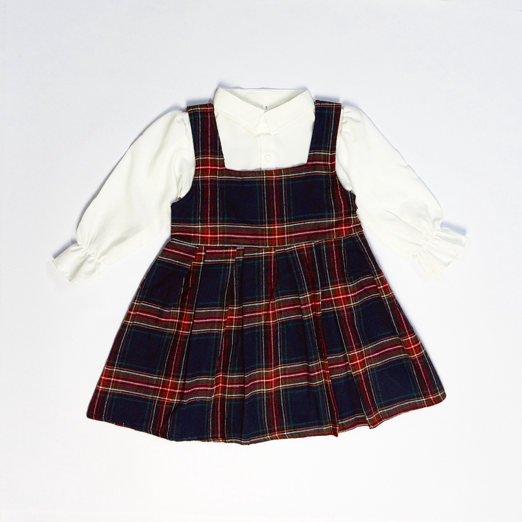 Set váy đầm cho bé gái thiết kế sơ mi phối váy yếm caro công chúa mùa xuân 10-22kg A10