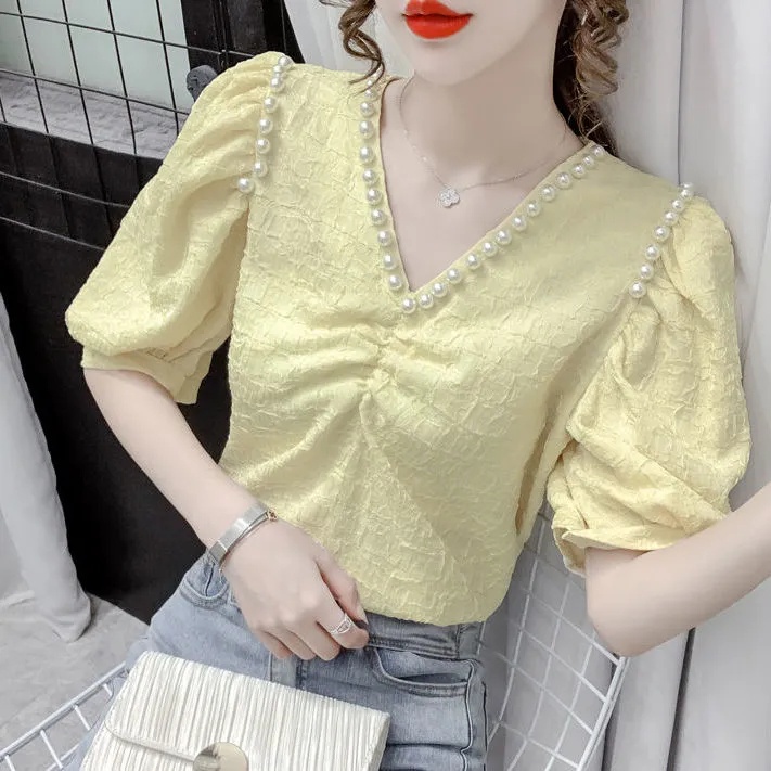 Áo Voan Dáng Rộng Cổ Chữ V Tay Ngắn C8701