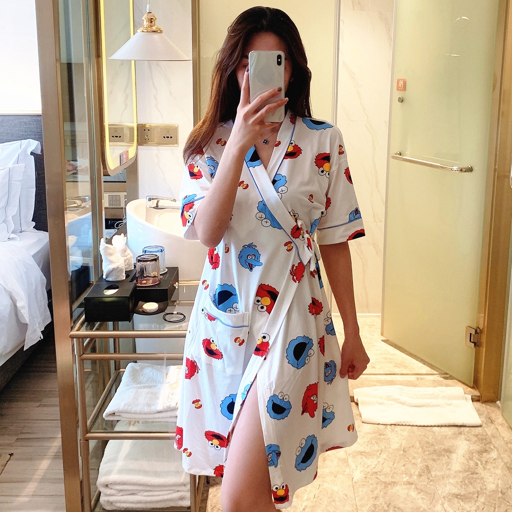 Váy ngủ ngắn tay kimono mùa hè Váy ngủ dài giữa cổ chữ V thắt nơ nữ tính