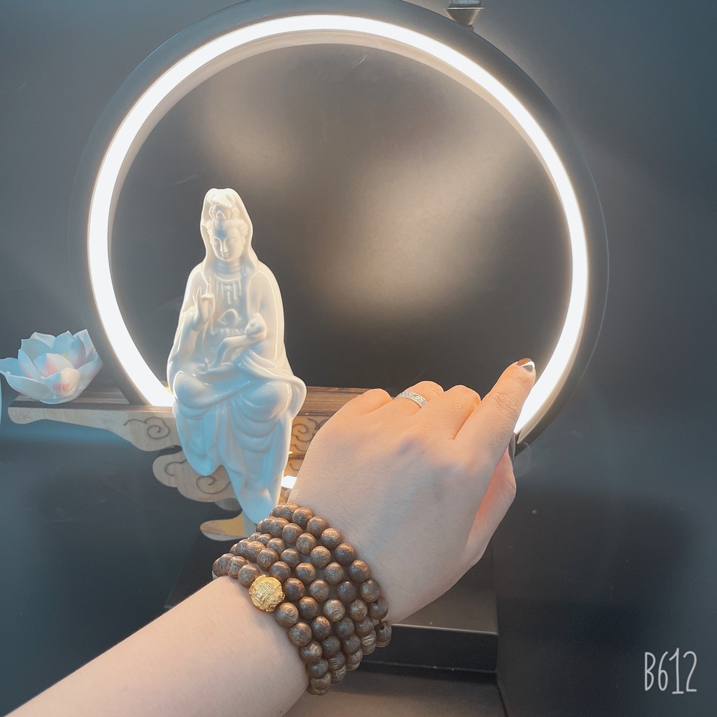 Vòng Tay Trầm Hương Kỳ Gia 8 Li 108 Hạt Charm Chữ Phạn