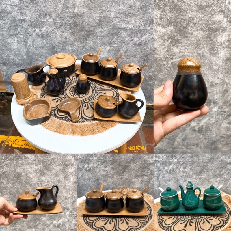 Set khay gia vị gốm sứ-Bát đĩa gốm ống tiêu- bình mắm- hũ gia vị nhà bếp
