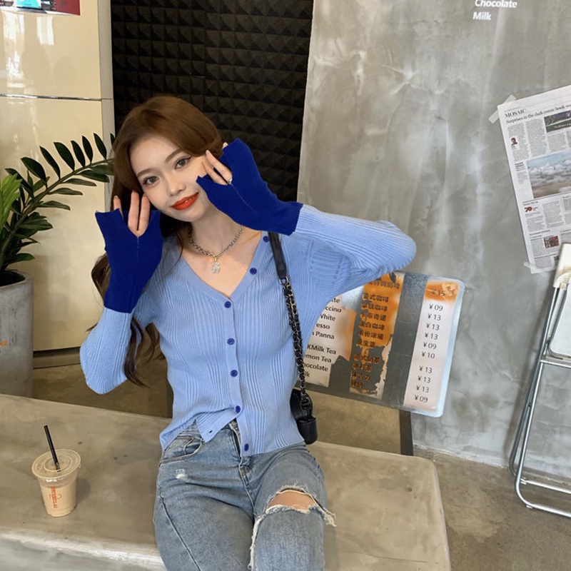Áo IELGY dài tay cổ V dáng mỏng màu đối lập phong cách Hàn Quốc cho nữ