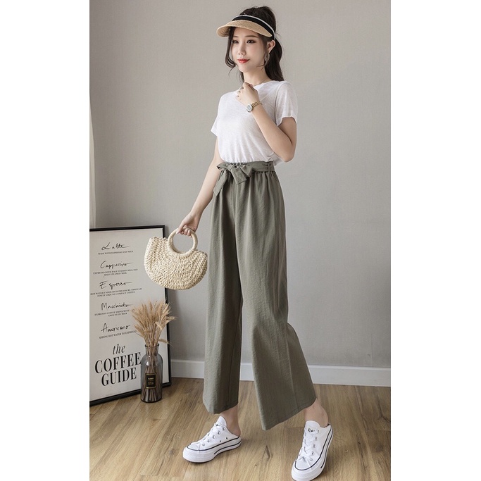 Quần dài lưng chun thắt nơ điệu đà chất đũi linen nữ hàng xuất dư cạp cao ống rộng tôn dáng có bigisze 80kg mặc ở nhà