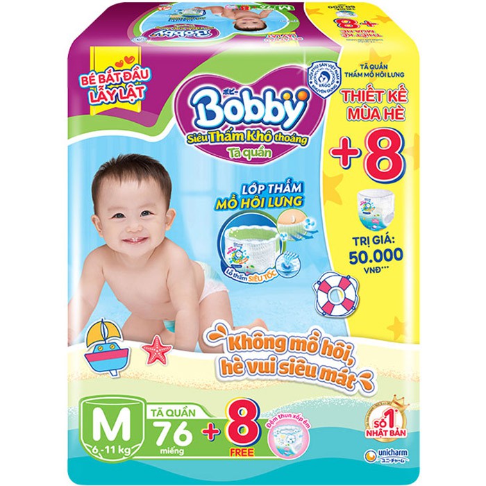 Tã Quần Bobby Size M 76 Miếng(Khuyến Mãi tặng 8 miếng)