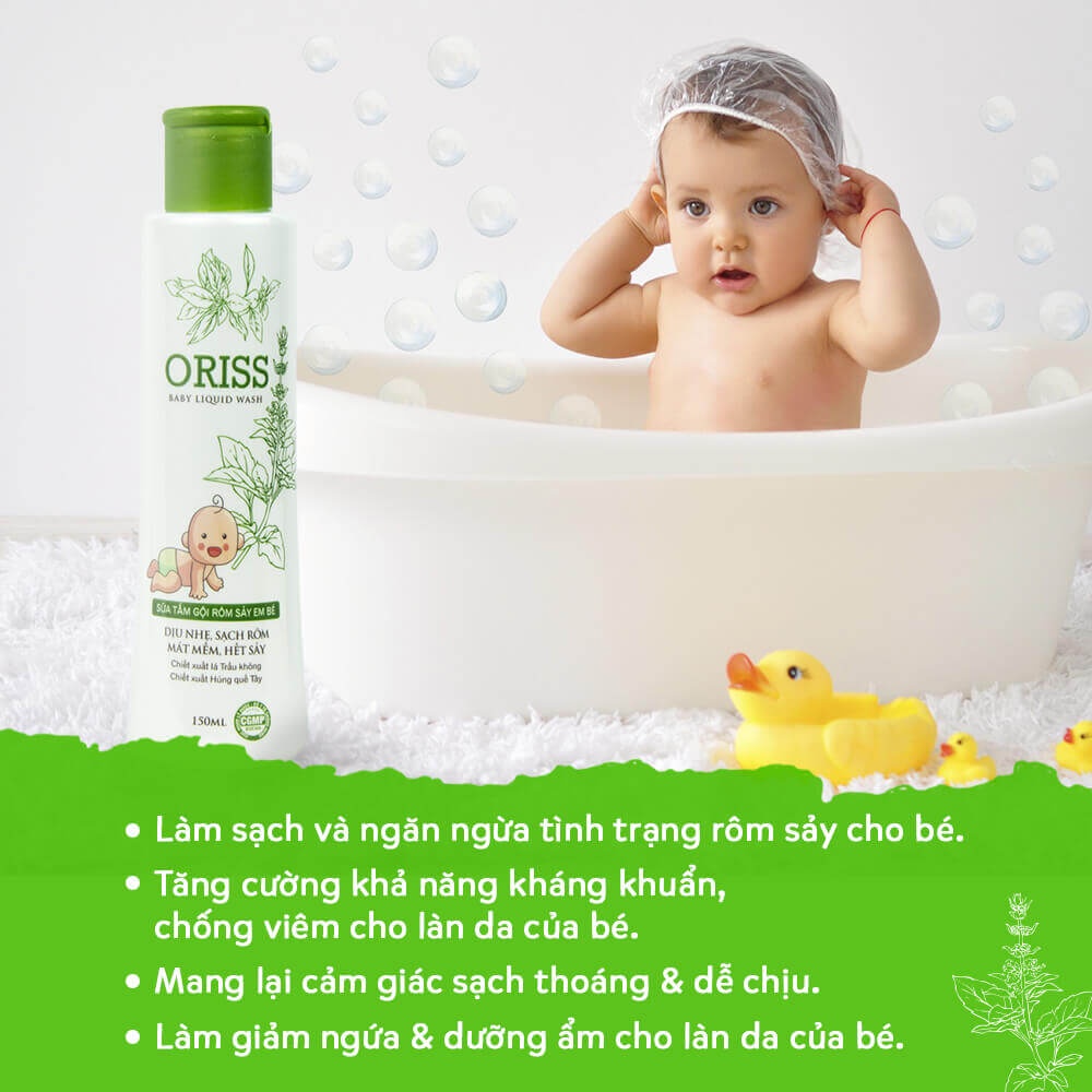 Sữa Tắm Gội Rôm Sẩy Em Bé Oriss Baby Liquid Wash Không Cay Mắt - Chai 150ml
