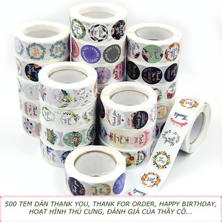 Z0004 (500 Tờ) Cuộn Băng Keo Tem Dán Thank You Birthday Gói Quà, Trang Trí Thiệp, Quà Tặng, Túi Bánh Bukao