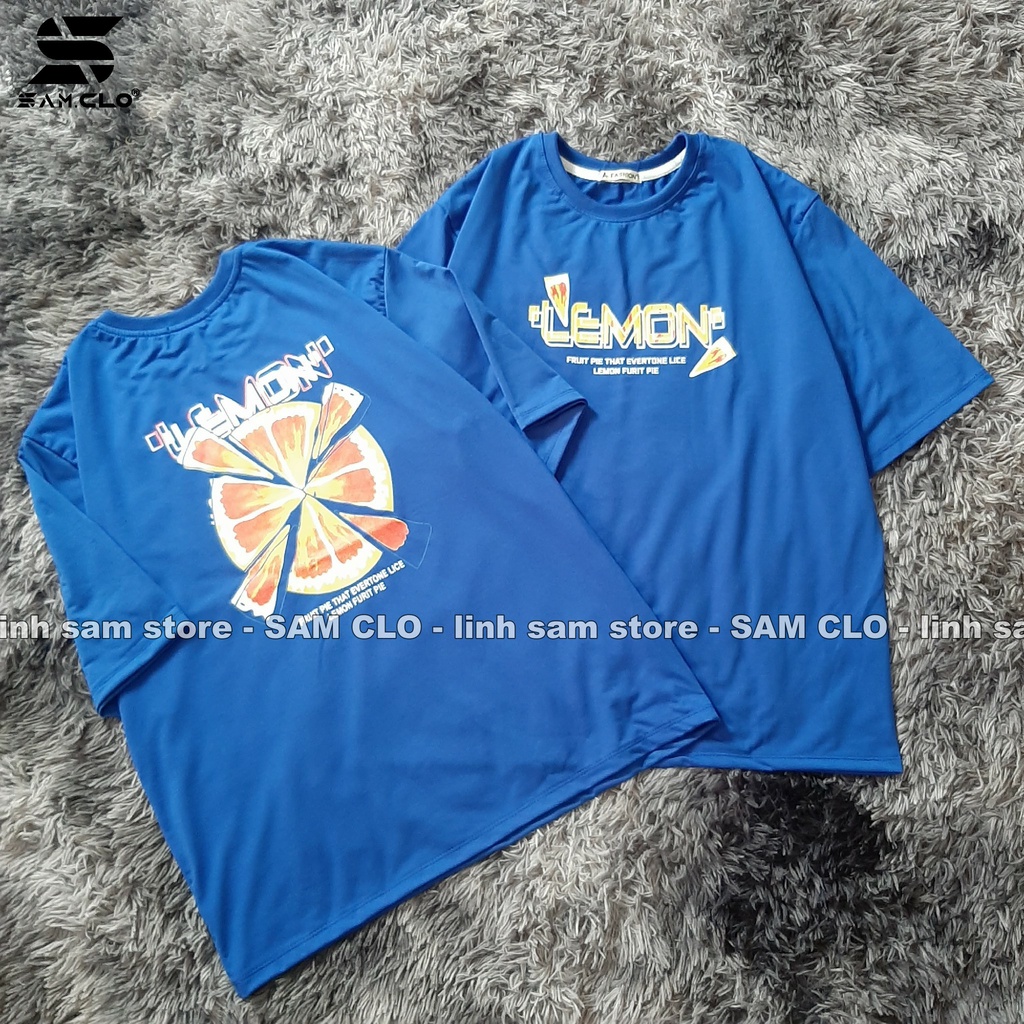 Áo phông tay lỡ nữ freesize thun form rộng Unisex, mặc cặp, nhóm, lớp in hình LÁT CHANH chữ LEMON màu xanh