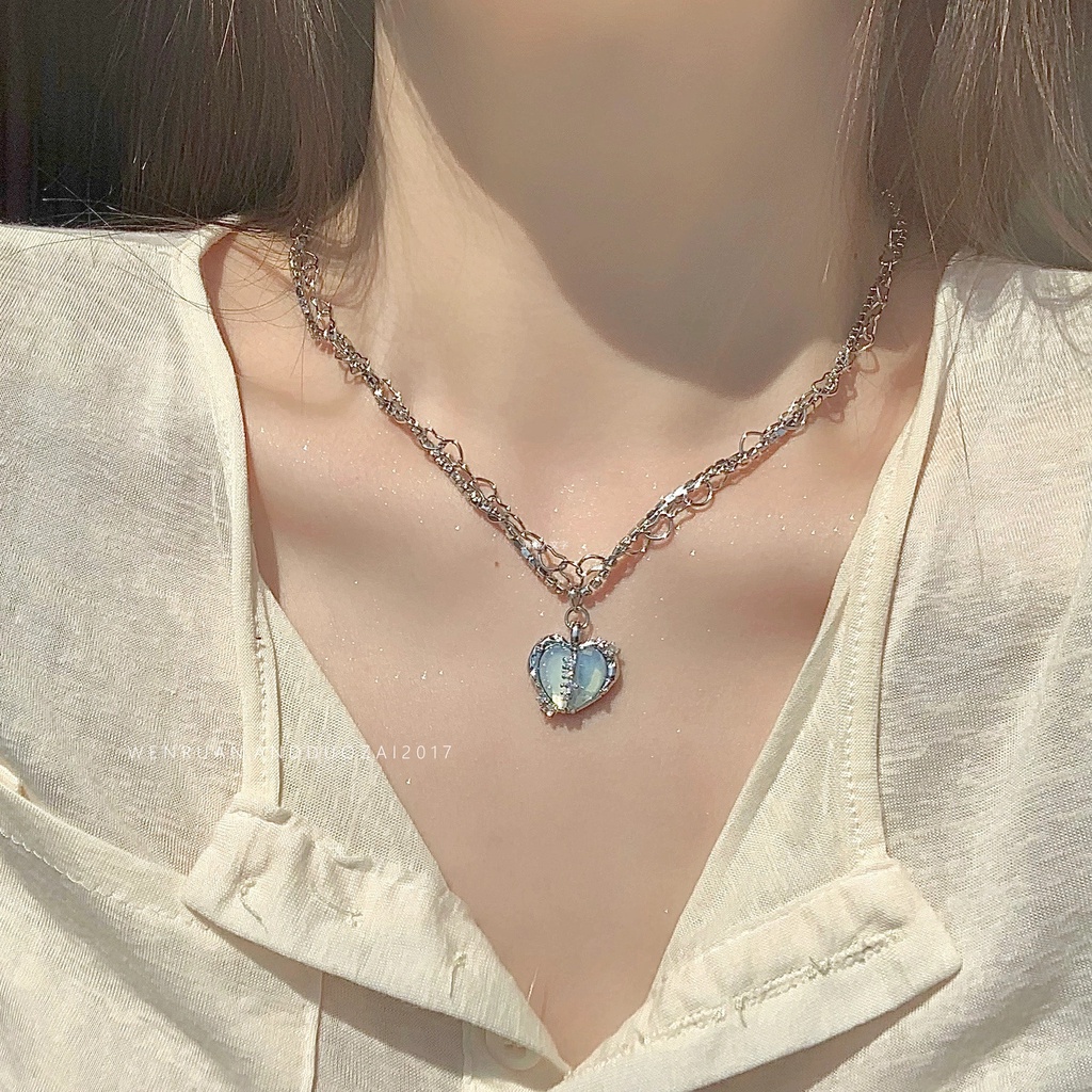 Bộ Nữ Trang Dây Chuyền Khuyên Tai Vòng Cổ Mặt Trái Tim Tách Đôi Màu Xanh Dương