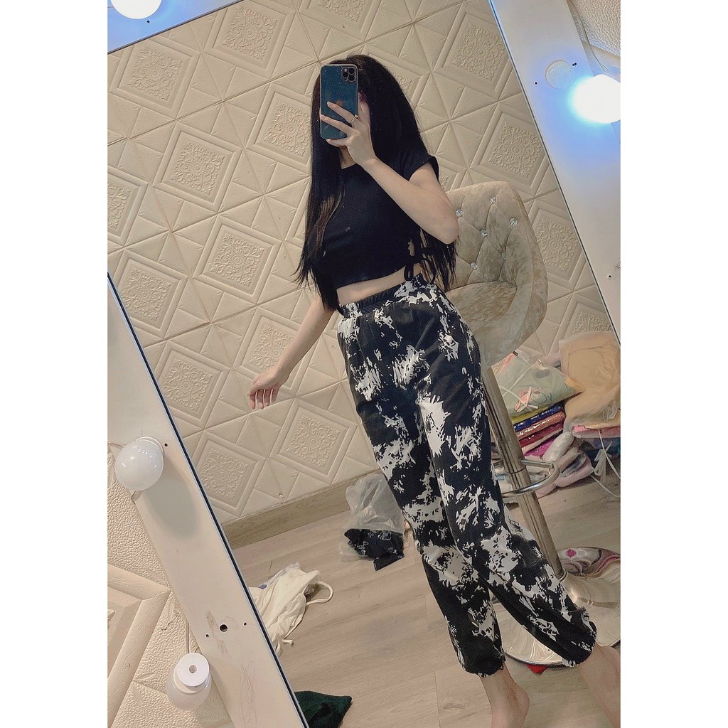 Sét bộ áo croptop khoét eo cột dây phối quần dài loang bo ống cực xinh , chất thun bozip dày dặn ( ảnh thật )