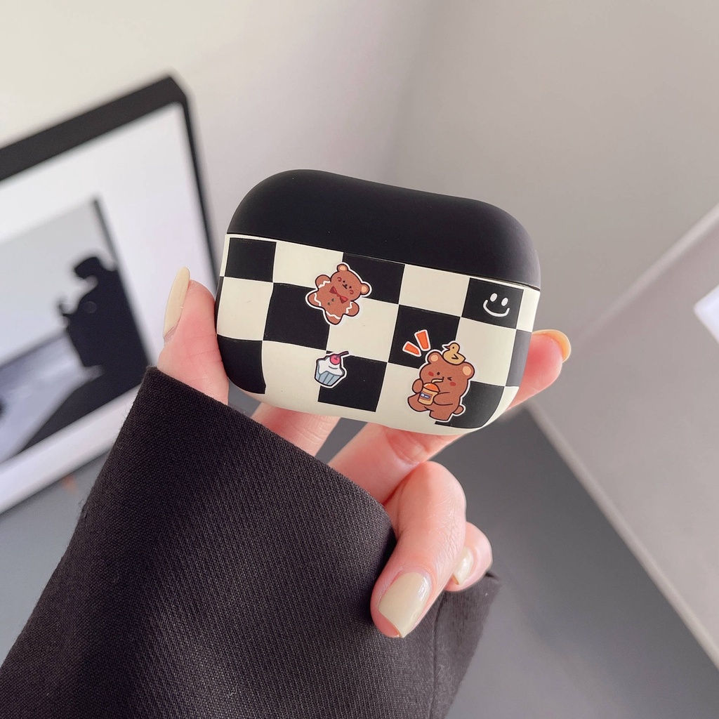 Vỏ Bảo Vệ Hộp Sạc Tai Nghe Airpods 3 Pro 2/ 3 Họa Tiết Sọc Ca Rô + Chú Gấu Dễ Thương Thời Trang 2019 Ốp