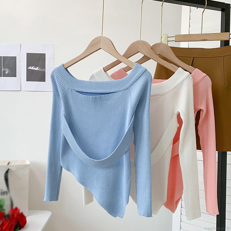 Áo Thun Tay Dài Thiết Kế Trễ Vai Quyến Rũ Phong Cách Hàn Quốc