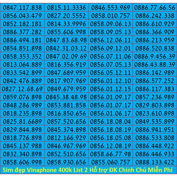 Số đẹp VINA Giá Rẻ 400k List 2 Miễn Phí Đăng ký Chính Chủ Được Hưởng Nhiều Gói Khuyến Mãi Của Vinaphone
