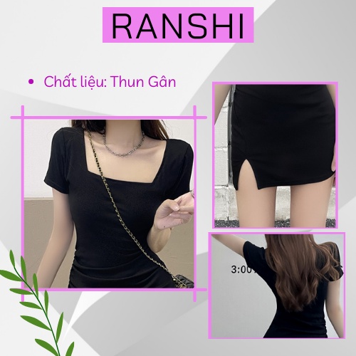 Váy Cổ Vuông Xẻ Tà Basic RANSHI Đầm Ngắn Siêu Tôn Dáng Thời Trang Mùa Hè Nữ Chất Thun Cotton Nhẹ Mát - RBD015