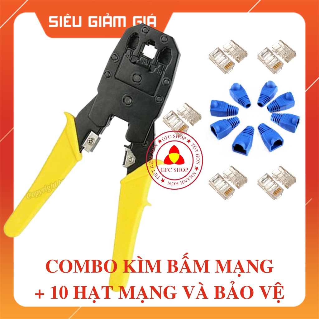 Combo Kìm Bấm Mạng màu vàng - đen và 10 bộ hạt mạng + bảo vệ hạt mạng xanh dương