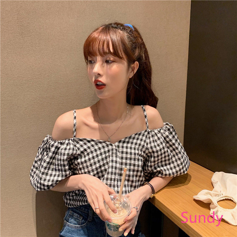 Áo Trễ Vai Tay Phồng Họa Tiết Ca Rô Phong Cách Hàn Quốc Cho Nữ