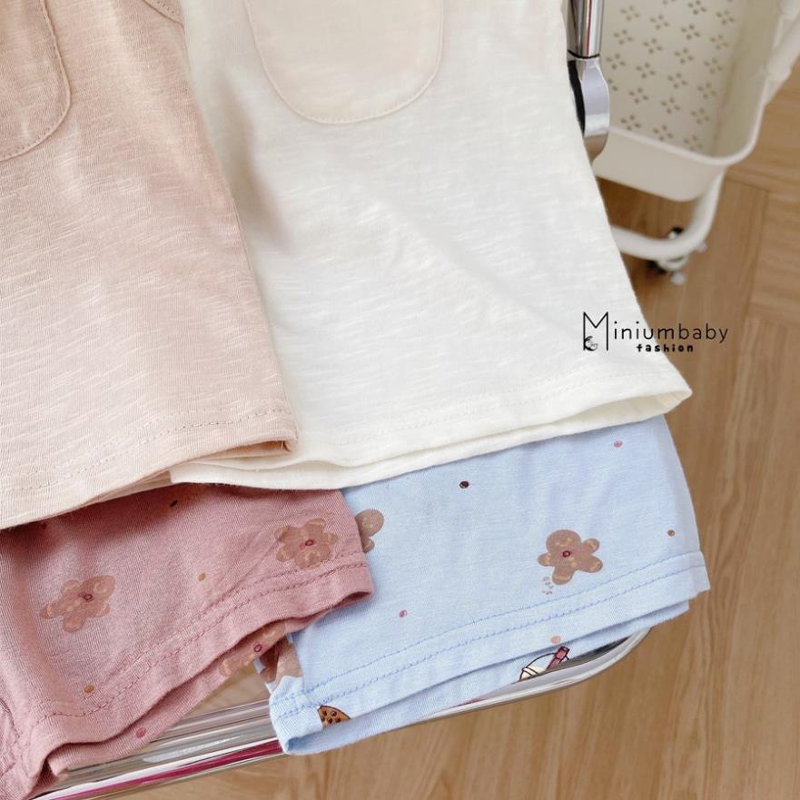 Bộ ba lỗ MiniumBaby cho bé trai, bé gái thêu túi ngực 100% cotton cho bé gái mặc hè thoáng mát, quần áo trẻ em -SB1240