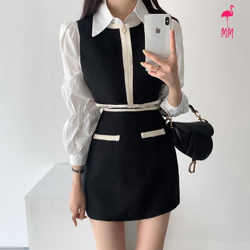 Set Áo Sơ Mi Phối Ghi Lê + Chân Váy Lưng Cao Thời Trang Hàn Cho Nữ | BigBuy360 - bigbuy360.vn