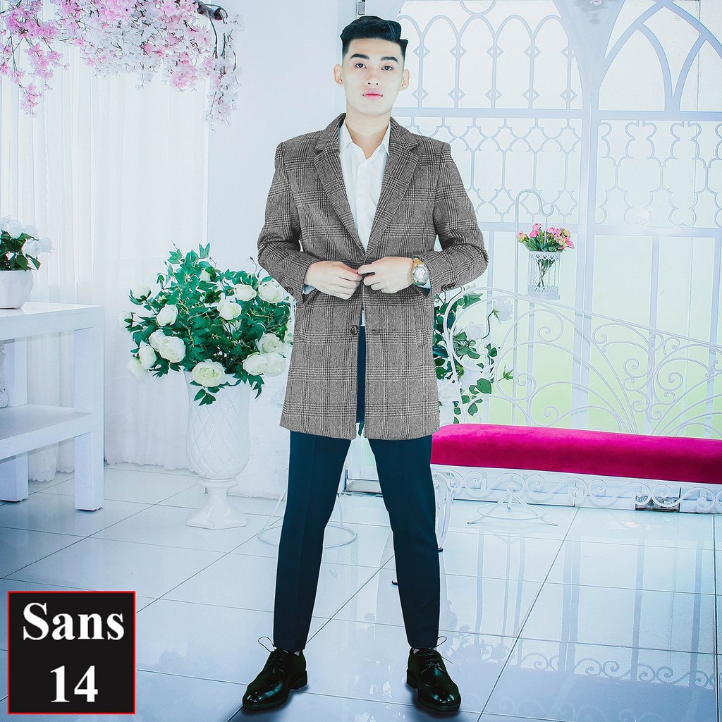 Áo blazer nam hàn quốc Sans14 khoác dạ lông cừu kẻ sọc caro măng tô dáng vừa mangto big size 80kg 90kg 100kg 3XL 4XL
