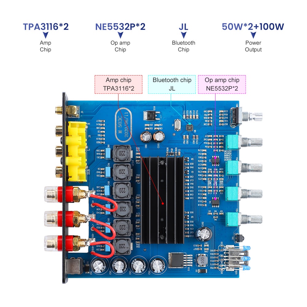 Bộ khuếch đại bluetooth 5.0 AIYIMA loa siêu trầm TPA3116 stereo kỹ thuật số 2.1 amp USB 50Wx2 + 100W