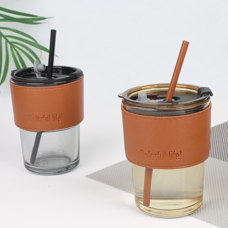 Cốc thuỷ tinh kèm Bao Da có Nắp và Ống hút tiện dụng ly thuỷ tinh dung tích 450ml uống nước cafe trà tiện dụng MinHome