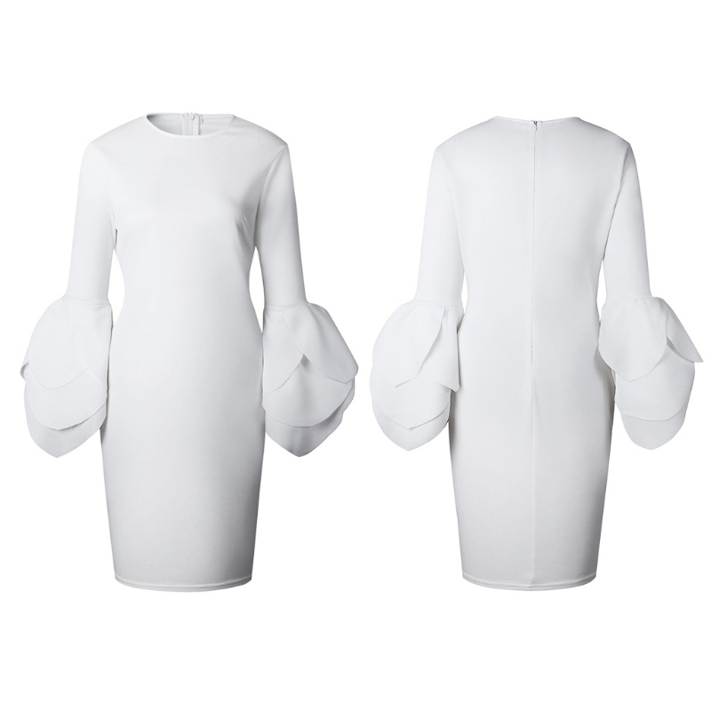 xiangbao Women Sexy Long Ruffle Sleeve Solid Color Round Neck Package Hip Bodycon Dress