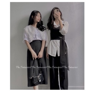 Set áo sơ mi trắng yếm đen The Twins ảnh thật video