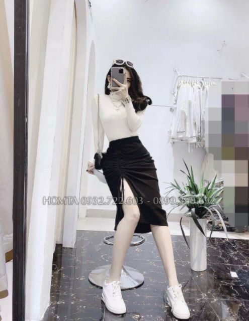 Váy body xẻ tà rút dây 1 bên lên phôm dáng chuẩn