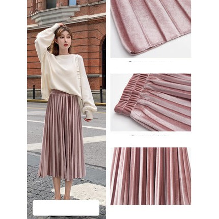 Chân váy xếp ly nhung mịn mềm mại VAY98 Free size
