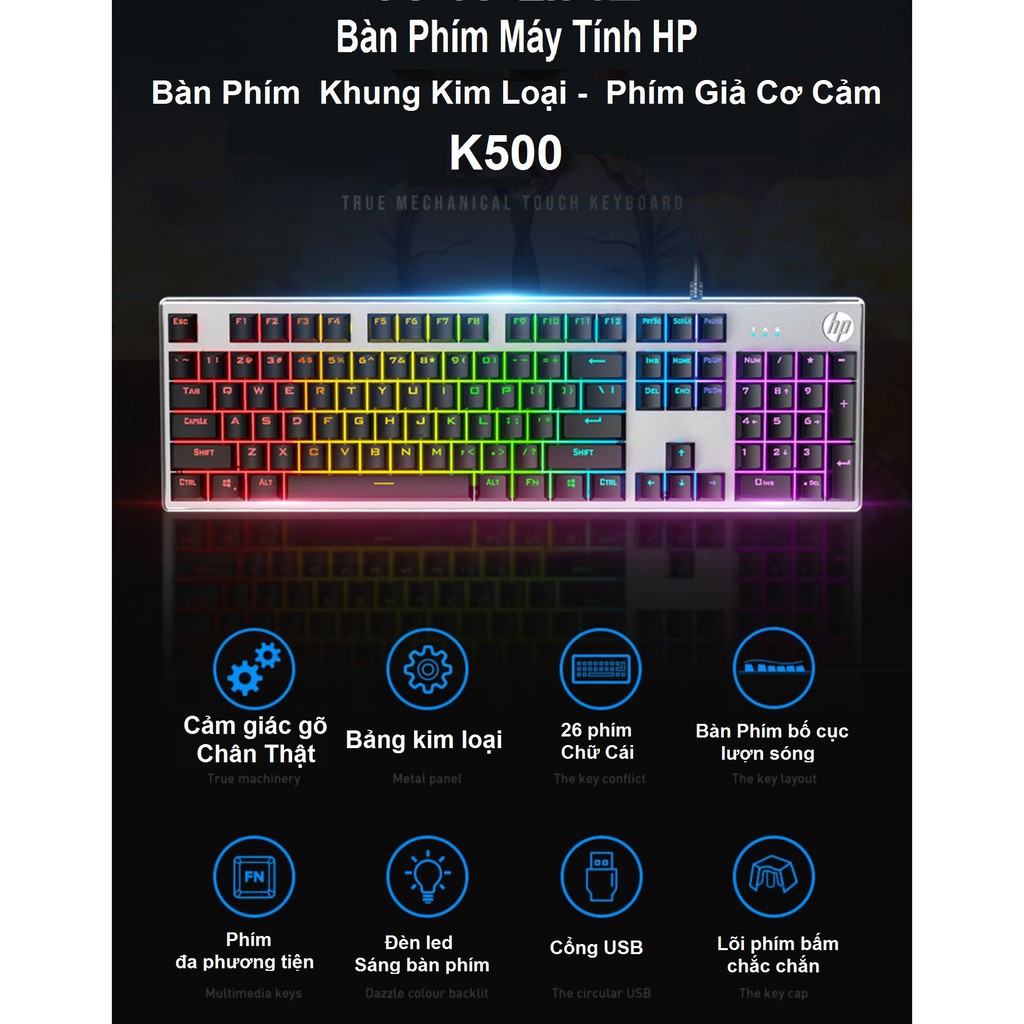 [Mã 154ELSALE2 giảm 7% đơn 300K] [Tặng 1 Lót Chuột] Bàn phím Giả cơ có đèn Led HP K500 Chính Hãng HP