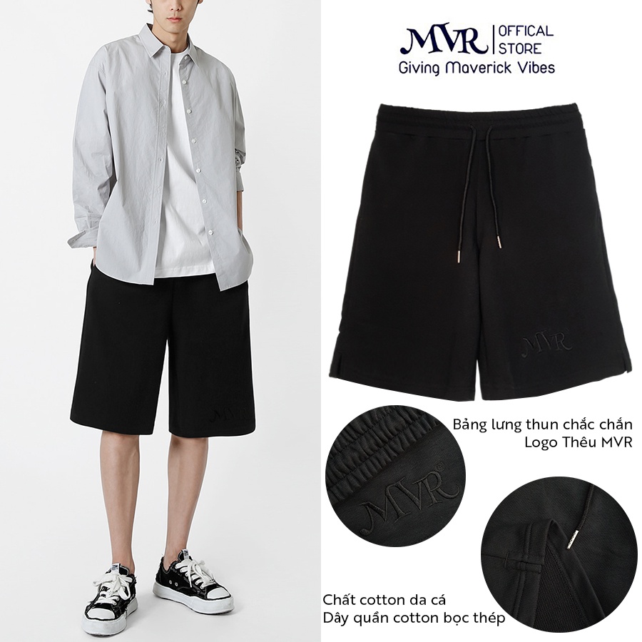 >110Kg Quần Đùi Nam Nữ Short Unisex Sooc Sọt form dài chạm gối chất vải cotton da cá dầy thêu logo MVR Màu Đen Xám