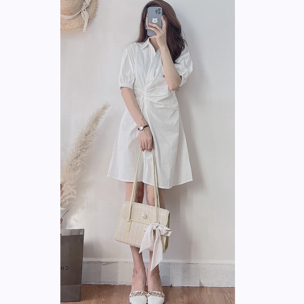 Váy trắng body cổ sơ mi ngắn chiết chun eo ulzzang bo tay cộc cúc dọc , Đầm thiết kế dự tiệc dáng dài | BigBuy360 - bigbuy360.vn