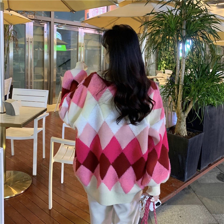 Áo Len Tay Dài Cổ Chữ v Form Rộng Họa Tiết Hình Thoi Phong Cách Hàn Quốc Dễ Phối Đồ