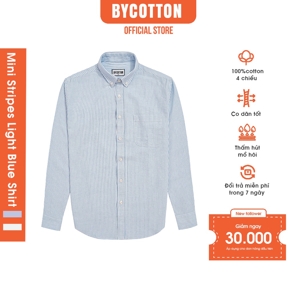 Áo Sơ Mi Nam Dài Tay Xanh Nhạt Phối Sọc Nhỏ BY COTTON Mini Stripes Light Blue Shirt