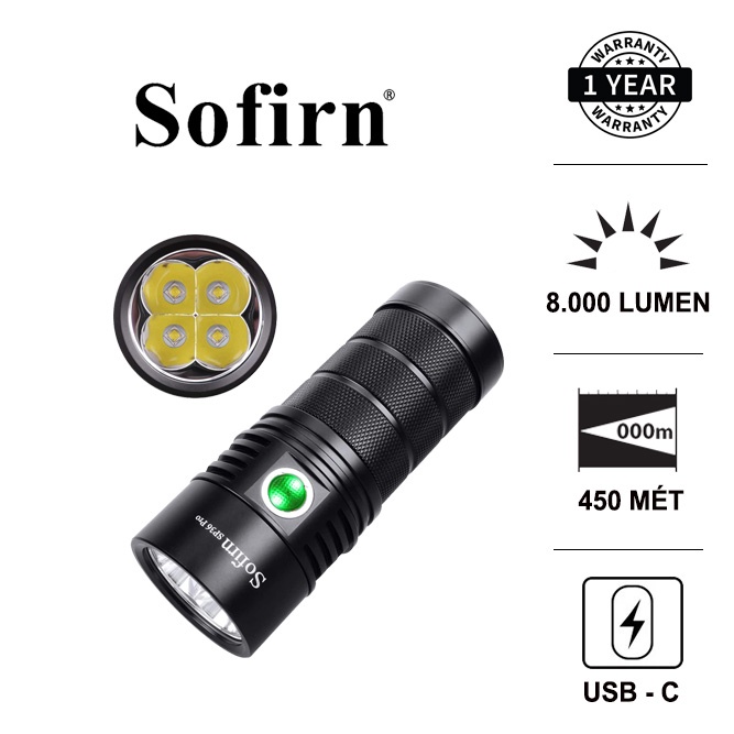 Đèn pin SOFIRN SP36 PRO 4 LED SST40 sáng 8000lm xa 450m sạc TYPE-C 3 pin sạc 18650