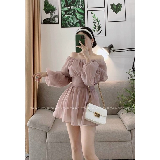 Set áo voan phồng bẹt vai tay bo chun short trắng