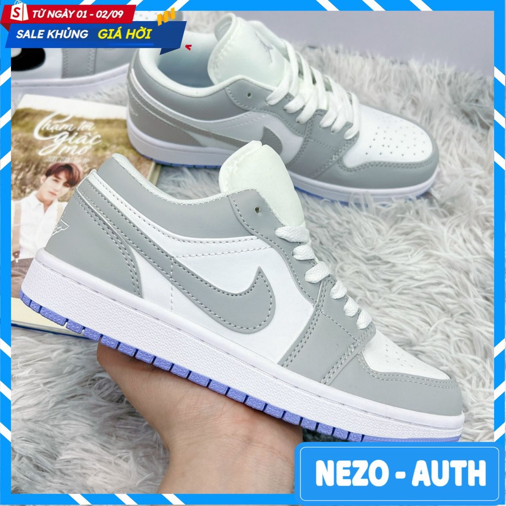 Giày Jordan xám trắng đế xanh, Giày Jordan 1 cổ thấp JD grey xám đế xanh bản đẹp full box bill