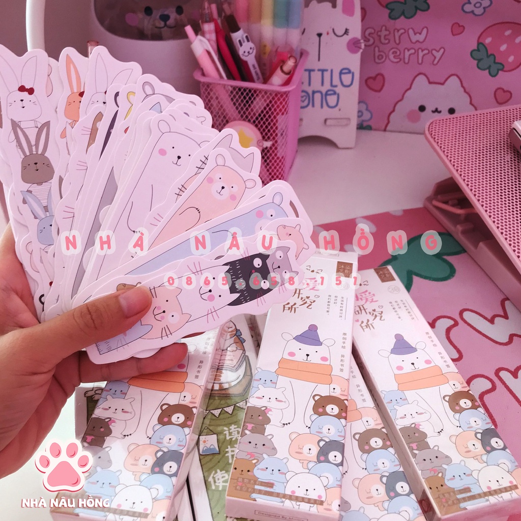 BỘ 30 BOOKMARK, KẸP GÁY SÁCH, ĐÁNH DẤU SÁCH HÌNH GẤU MÈO DỄ THƯƠNG  - NHÀ NÂU HỒNG