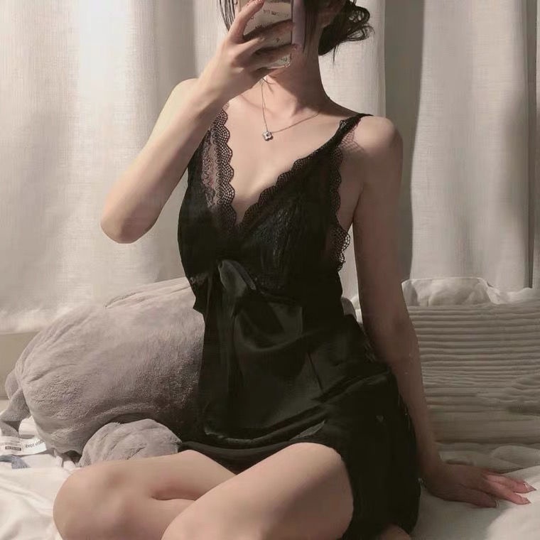 Đầm ngủ hai dây cổ chữ v phi lụa phối ren thoáng khí thời trang mùa hè quyến rũ cho nữ