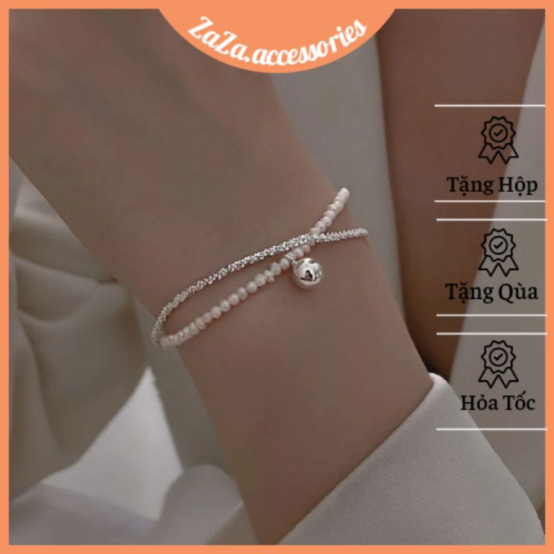 Vòng tay bạc nữ S925 - Lắc tay nữ bạc Ý 2 lớp hạt trai nhân tạo chuông nhỏ Aring sang trọng Zaza accessories