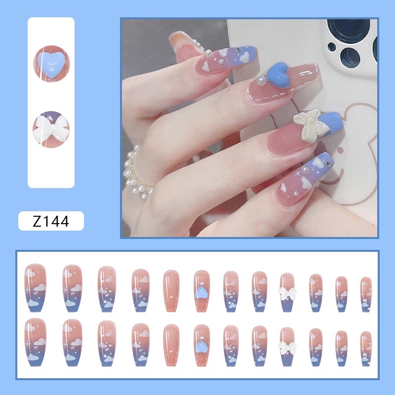 Bộ 24 móng giả đính charm nơ tim form dài